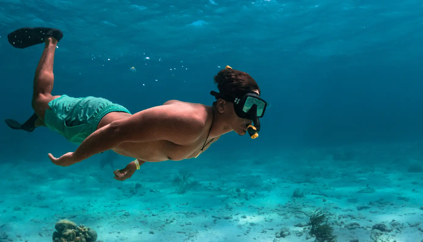 Guest snorkeling over coral reef near Reef Haven Belize during dry season on Ambergris Caye